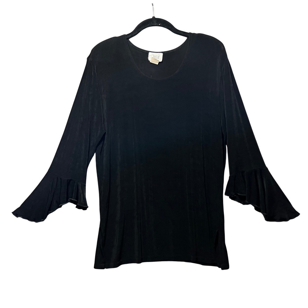Vintage Jostar Black Flounce Sleeve Top M Slinky‎ Knit Bell Sleeve Made in USA